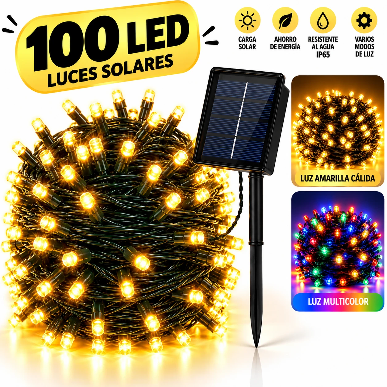 Luces solares 100 LED con panel solar, en luz cálida o multicolor