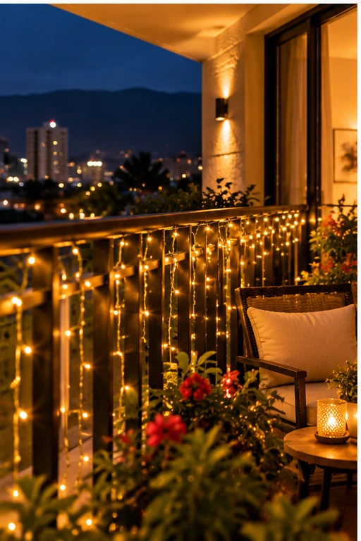 Balcón decorado con luces cálidas